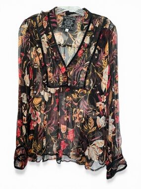 Johnny Was Jade Black Sheer Floral V-Neck Silk Blouse with Red and Gold Accents
